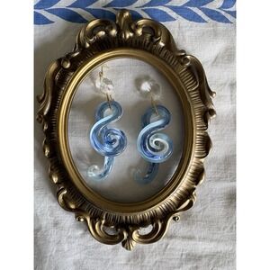 2 VTG Artisan Handblown Musical Treble Clef Blue‎ White Swirl Art Glass Prism